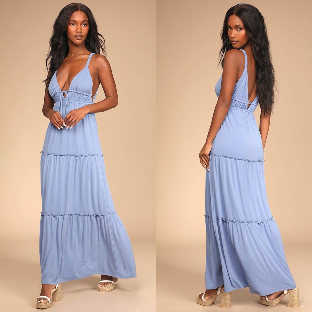 Lulus Draw Your Attention Light Blue Ruffled Drawstring Maxi Dress